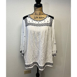 Knox Rose Embroidered Peasant Blouse Boho Rayon White Black Women's Size XL